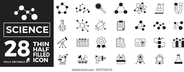 Science Icons Set - Laboratory, Experiment, Chemistry, Physics, Biology, and Research Elements