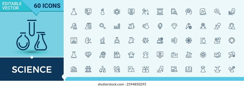 Science icons set in linear style. Contains related to scientist, scientific, structure, lab, bio, glass, study, process. Collection for mobile and web apps. Minimalistic icon.