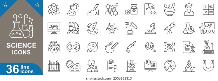 Science icons set. Microscope, atom, DNA, molecule, telescope, physics, scientific experiment and more. vector illustration.