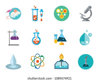 Science icons set with microscope, test tubes and lab rat. Thirteen vector icons
