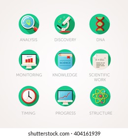 Science icons set. Modern flat colored illustrations. Physics and biology related icons. Vector collection with long shadow in stylish colors. Isolated on the white background.