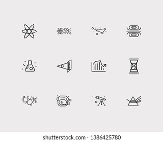 Science Icons Set. Optical Physics And Science Icons With Physical Research, Telescope Tube, Sand Glasses. Set Of Model For Web App Logo UI Design.