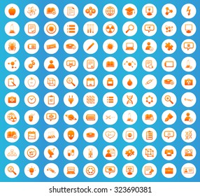 Science icons set, orange image in white circle on blue background