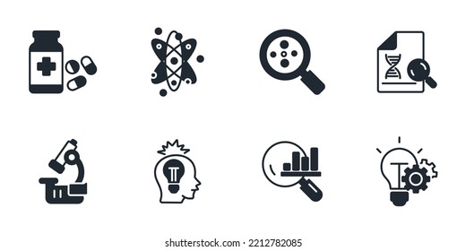 iconos de ciencia establecidos. símbolo de paquete científico elementos vectoriales para web infográfica