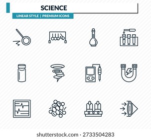 Science Icons Set - Pendel, Impuls, Messkolben, Magnetismus, konvexe Umrissvektorsammlung.