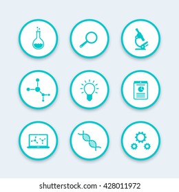 Science icons set, research, laboratory, microscope, dna chain, lab glass, science pictograms, vector illustration