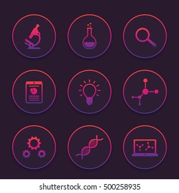Science icons set, research, laboratory, microscope, dna chain, lab glass, molecule, survey, vector illustration