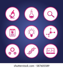 Science icons set, research, laboratory, survey, microscope, dna chain, lab glass, molecule