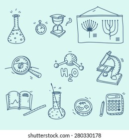 Science Icons Set School Laboratory Chemistry Biology Experiment Investigation And Observation Hand Drawn Doodle Sketch Style.