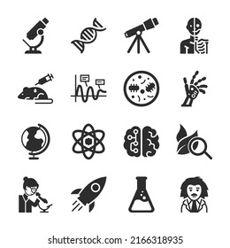 Science icons set. Scientific disciplines, the study of the world order. Studying at school or university. Monochrome black and white icon.