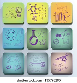 Science icons. Set of the scientific symbols drawn by a chalk.