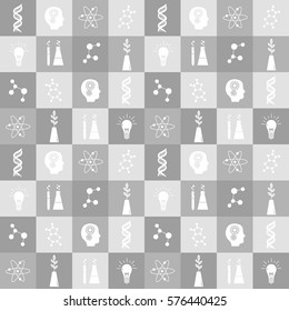 Science icons set, seamless pattern vector. Modern thin line icon, trendy flat style. Gray and white background with science symbols. Decorative wallpaper, good for printing. Wrapping design