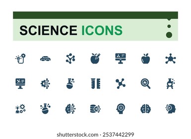 Science icons set in solid style. Includes icons for health, glasses, formula, ecology, test tube, analysis and more. Flat filled icons pack. Vector filled icons Collection.