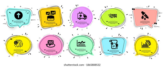 Science Icons Set. Speech Bubble Offer Banners. Vector Coupon Badge. Included Icon As Trade Infochart, Education, Swipe Up Signs. Employees Teamwork, Coronavirus Statistics, 360 Degree Symbols. Vector