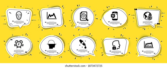 Wissenschaftssymbole gesetzt. Sprechblase bietet Banner an. Gelber Coupon-Button. Einschließlich Symbol als Zeitmanagement, Diagramm, Zeichen von Coronavirus. Chemie-Pipette, Gesichtsbiometrie, Entsperrsystem-Symbole. Vektorgrafik