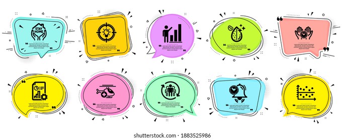 Science icons set. Speech bubble offer banners. Vector coupon badge. Included icon as Report, Dirty water, Dot plot signs. Medical helicopter, Graph chart, Safe time symbols. Vector