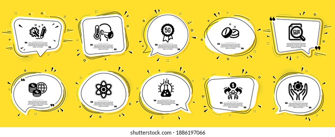 Science icons set. Speech bubble offer banners. Yellow coupon badge. Included icon as 5g technology, Sharing economy, Chemistry atom signs. Sick man, Medical tablet, Check article symbols. Vector