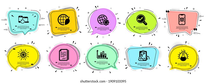 Science icons set. Speech bubble offer banners. Vector coupon badge. Included icon as Globe, Chemistry experiment, Coronavirus signs. Augmented reality, Diagram graph, Recovery devices symbols. Vector