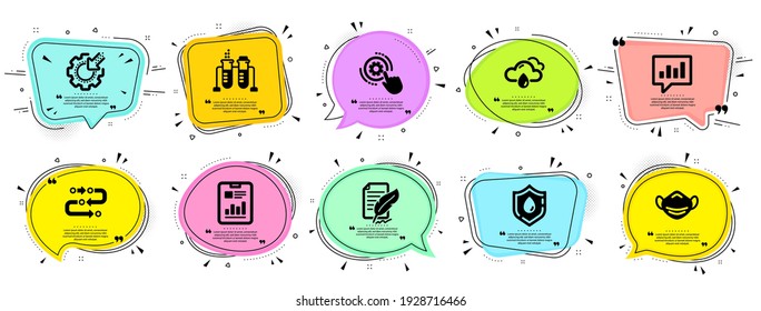 Science icons set. Speech bubble offer banners. Vector coupon badge. Included icon as Analytical chat, Feather signature, Methodology signs. Vector
