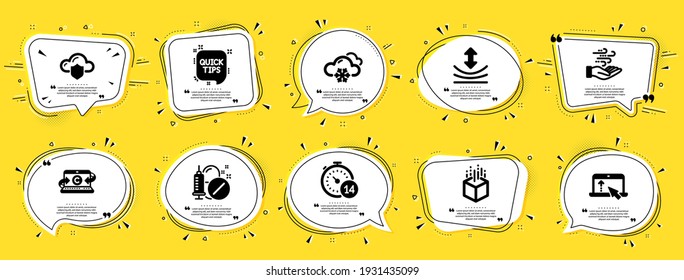 Science icons set. Speech bubble offer banners. Yellow coupon badge. Included icon as Quick tips, Resilience, Augmented reality signs. Vector