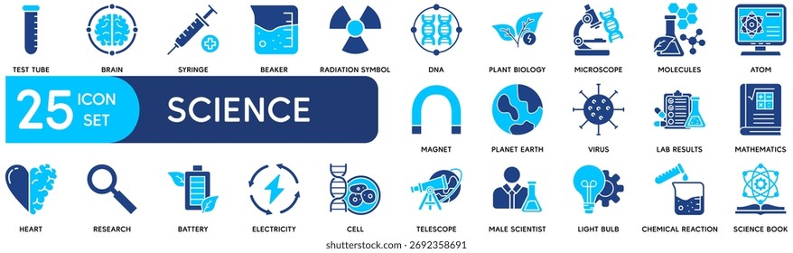 Wissenschaftssymbole - dünne Glyphe , editierbare Schlaganfallvektoren für Physik, Chemie, Biologieforschung, Naturwissenschaften und Laborausbildung