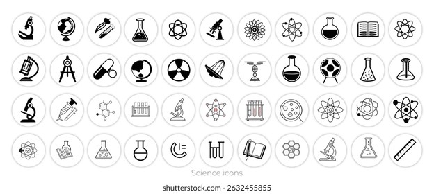 Science icons set – thin line, editable stroke vectors for physics, chemistry, biology research, sciences and laboratory education or  health applications.