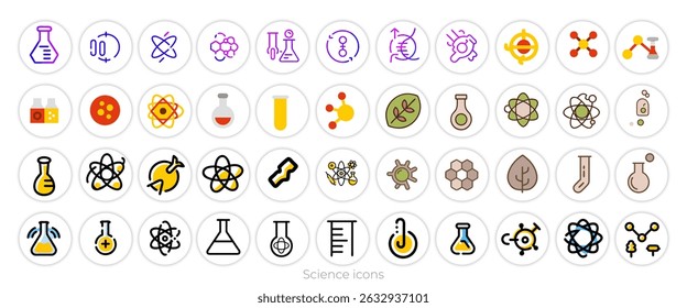 Science icons set – thin line, editable stroke vectors for physics, chemistry, biology research, sciences and laboratory education or  health applications.