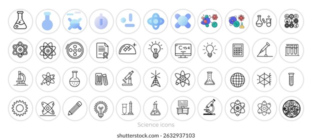 Science icons set – thin line, editable stroke vectors for physics, chemistry, biology research, sciences and laboratory education or  health applications.