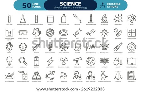 Science icons set – thin line, editable stroke vectors for physics, chemistry, biology research, sciences and laboratory education