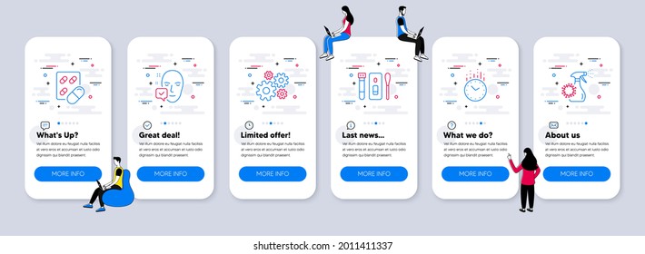 Science icons set. UI phone app screens with teamwork. Included icon as Capsule pill, Time, Covid test signs. Face accepted, Cogwheel, Coronavirus spray line icons. Vector