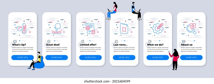 Science icons set. UI phone app screens with teamwork. Included icon as Settings gear, Fahrenheit thermometer, Elastic signs. Settings blueprint, Canister oil, Medical analyzes line icons. Vector