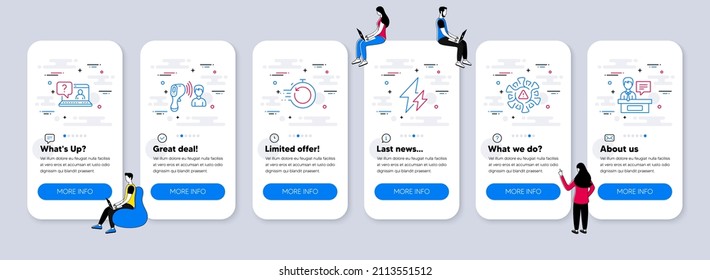 Science icons set. UI phone app screens with teamwork. Included icon as Faq, Fast recovery, Electricity signs. Electronic thermometer, Coronavirus, Exhibitors line icons. Vector