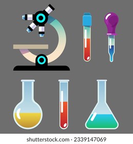 Science icons set. Vector illustration of microscope, test tube and flask.