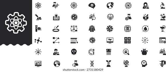 Science Icons set vector illustration with collection of physics biology scientific data, ecology astronomy chemistry scientist microscope knowledge statistics neurology experiment molecule