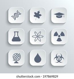 Science icons set - vector white app buttons with dna maple leaf graduation cap atom radioactivity bio hazard laboratory bulb globe drop water