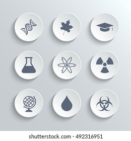 Science icons set - vector white round buttons with dna maple leaf graduation cap atom radioactivity bio hazard laboratory bulb globe drop water