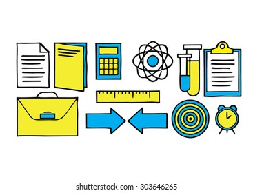 Science icons set with yellow and blue colors isolated on white background.