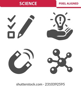 Science Icons. Test, pencil, hand, lightbulb, idea, magnet, atom, molecule, particle vector icon set.