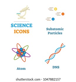 Science icons vector illustration set with subatomic particles, atom and DNA. Flat and clean design. 