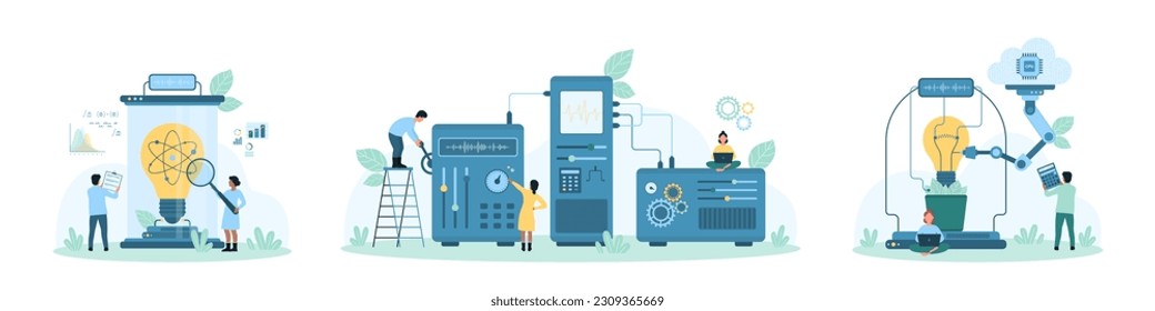 Science Idee Entwicklung Set Vektorgrafik. Cartoon winzige Menschen Wissenschaftler erforschen Glühbirnen mit Lupe und Robotern, arbeiten mit Laborausrüstung über kreatives Laborexperiment