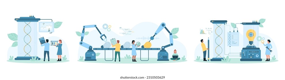 Science idea generator set vector illustration. Cartoon tiny people and robotic arms work on assembly of bright light bulbs on conveyor belt, research gene and DNA model with laboratory equipment