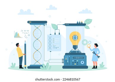 Science-Ideen, Vektorgrafik. Cartoon-winzige Menschen erforschen Glühbirne mit Schaltkreisen im Inneren und DNA-Spiralmodell mit intelligenten Laborgeräten und Werkzeugen, testen kreative wissenschaftliche Projekte