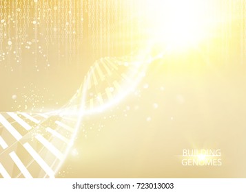 Science illustration of bigdata with DNA molecule. The abstract binary code in matrix style over the golden background. DNA bigdata visualization. Vector illustration.