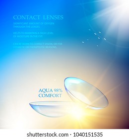 Science illustration with Contact Lenses sign. Blue flow at the top of the image over blue background and two eye lences at the bottom. Vector illustration.