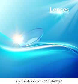 Science illustration with Contact Lenses sign. Blue flow at the top of the image over blue background and two eye lences at the bottom. Vector illustration.