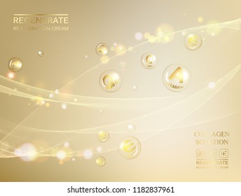 Science illustration of a cream molecule. Regenerate face cream and Vitamin complex concept. Organic cosmetic and skin care cream. Beauty skin care design over golden background. Vector illustration.