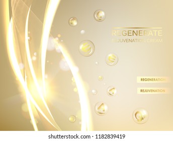 Science illustration of a cream molecule. Regenerate face cream and Vitamin complex concept. Organic cosmetic and skin care cream. Beauty skin care design over golden background. Vector illustration.