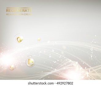 Science illustration of a cream molecule. Regenerate face cream and Vitamin complex concept. Organic cosmetic and skin care cream. Beauty skin care design over silver background. Vector illustration.