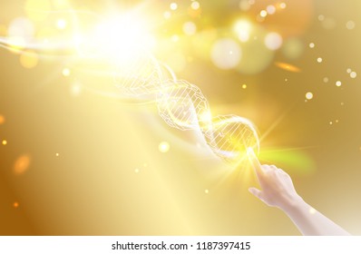 Science illustration of DNA. Gene engineering and manipulation concept. The human hand is changing part of a DNA molecule. Vector illustration.