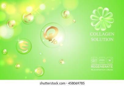 Science illustration of a DNA molecule of vitamin E. Vitamin drop in form of sphere. Organic cosmetic and skin care cream. Vector illustration.